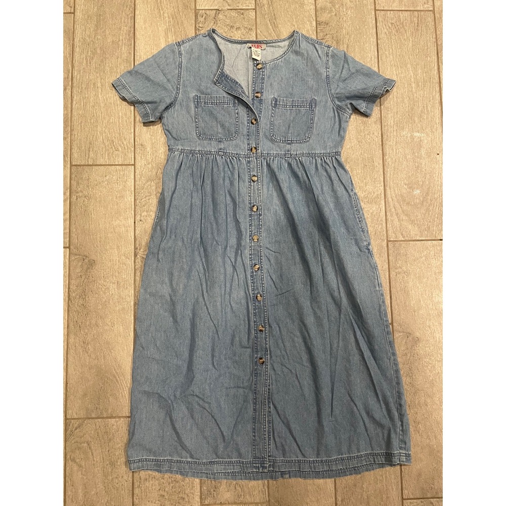 Vintage FADS Denim Midi Dress Blue Button Front Empire Waist Petite Medium PM